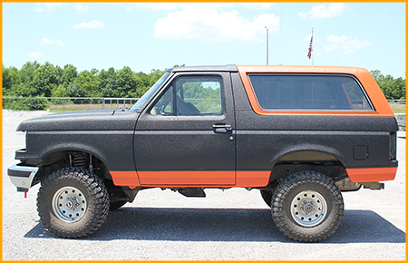 Ford Bronco exterior and exterior trim sprayed with GatorHyde polyurea and aliphatic paint.