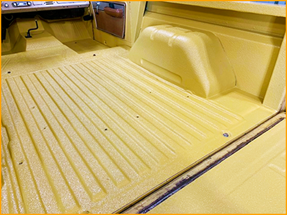 Golden Rod paint over GatorHyde in a 70's Ford Bronco bed and floor.