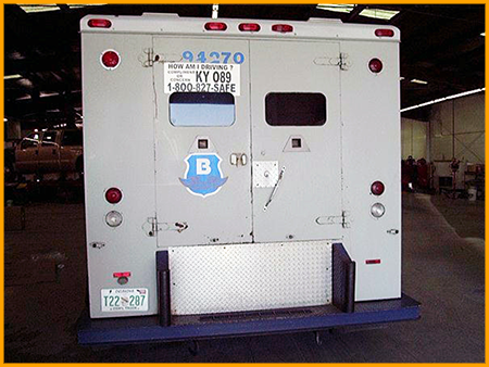 Exterior of older Brinks truck before application of polyurea.