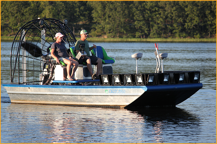 Custom built airboat on the lake.