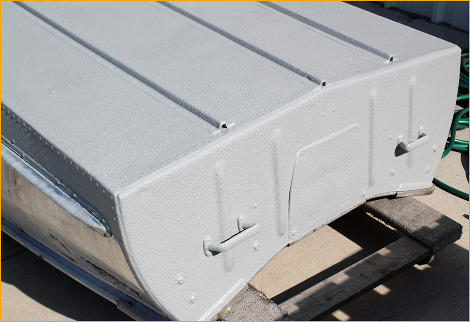 Exterior aluminmum boat bottom coated with GatorHyde polyurea.