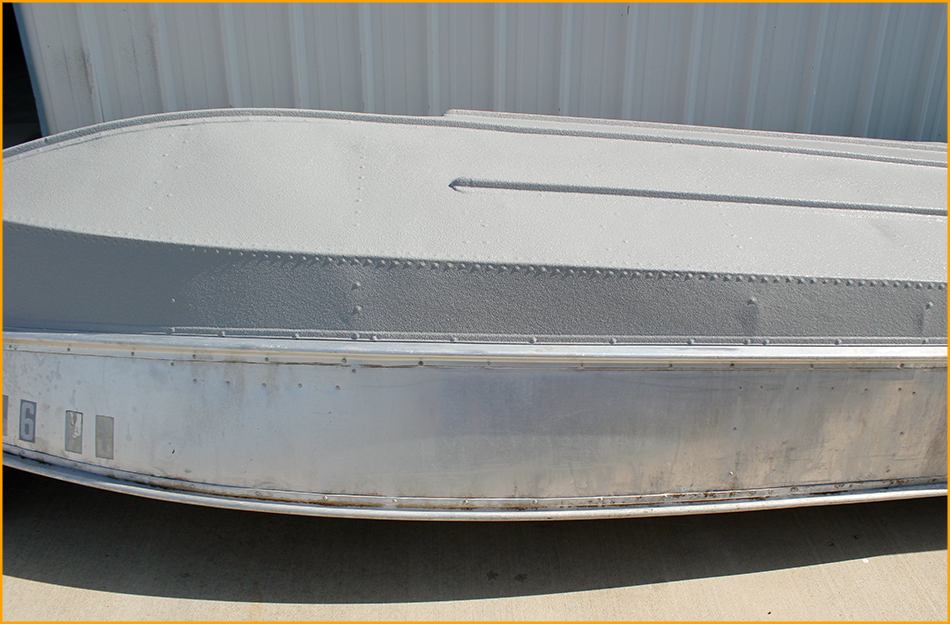 Exterior aluminmum boat bottom coated with GatorHyde polyurea.