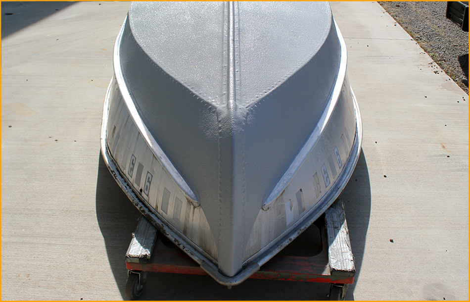 Exterior aluminmum boat bottom coated with GatorHyde polyurea.