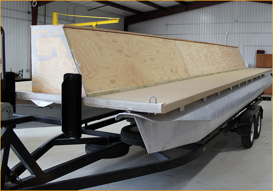 Back of custom built timing-boat before installation of GatorHyde spray.