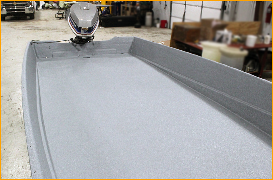 Finished aluminum boat application of GatorHyde polyurea.