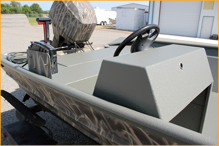 Hunting boat interior lined with GatorHyde polyurea